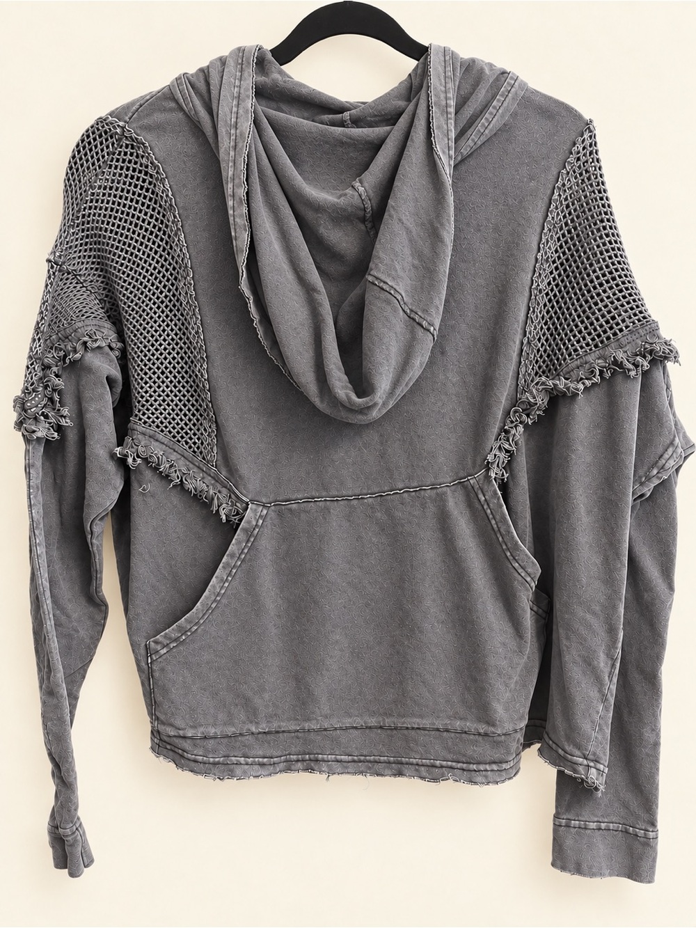 NWT Easel Charcoal Mineral Wash Crochet Fringe Hoodie Small